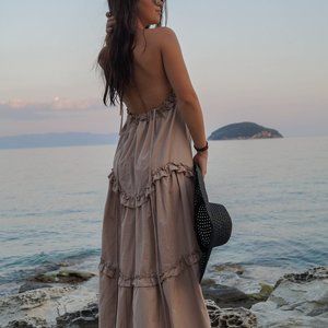 Long Beige Kaftan Asymmetrical Tunic Maxi Dress
